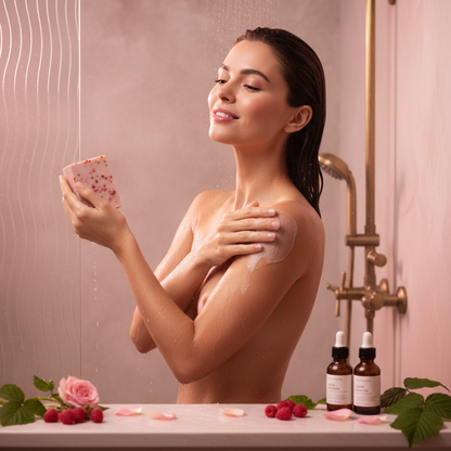 Femme à la peau lumineuse utilisant le savon bio framboise, tons roses chauds, atmosphère féminine et élégante