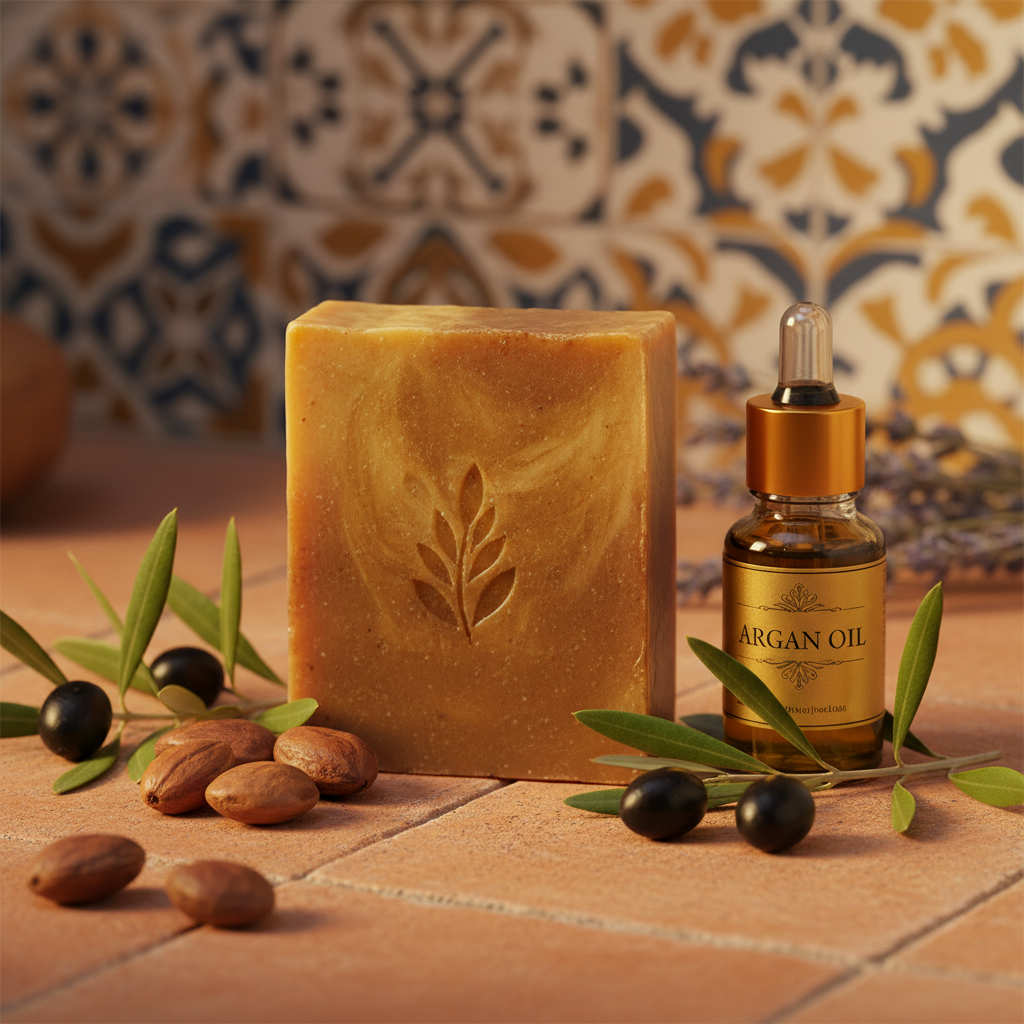 Savon bio huile d'olive AOP et argan sur terracotta avec noix d'argan et branches d'olivier, lumière dorée
