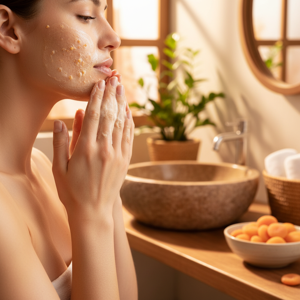 Femme à la peau lisse et lumineuse utilisant le savon exfoliant bio abricot, atmosphère bien-être chaleureuse