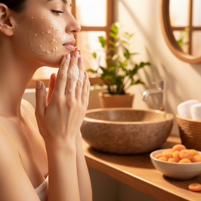Femme à la peau lisse et lumineuse utilisant le savon exfoliant bio abricot, atmosphère bien-être chaleureuse