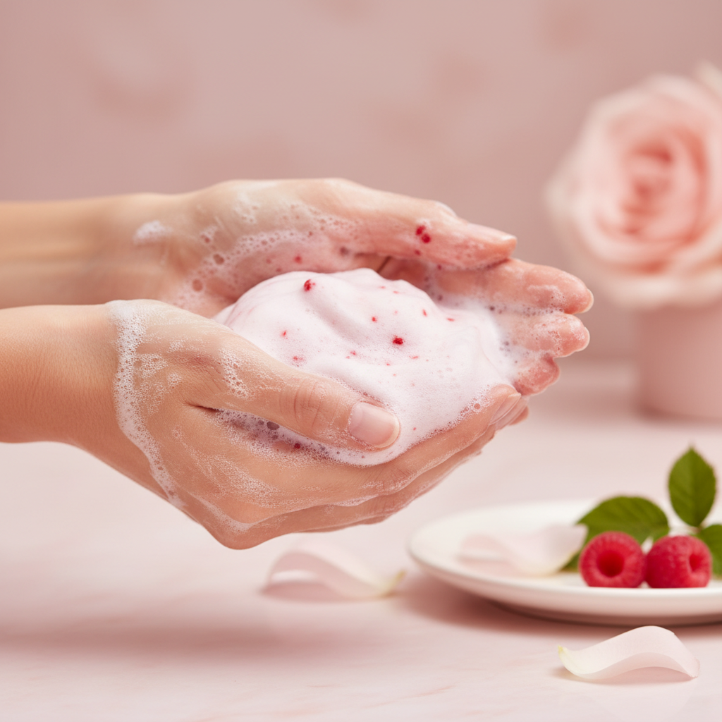 Mousse rose crémeuse du savon bio framboise sur les mains, tons roses délicats, ambiance premium