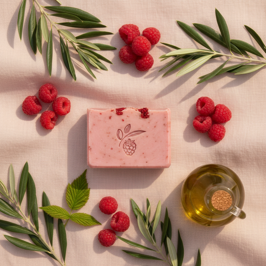 Flat lay savon bio framboise avec framboises fraîches, huile d'olive et lin rose, lumière méditerranéenne