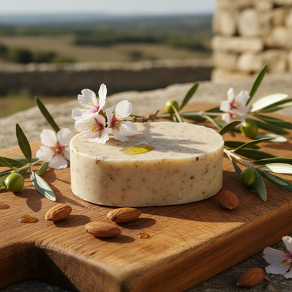 Savon bio huile d'olive AOP parfum amande douce sur bois avec amandes fraîches et fleurs d'amandier