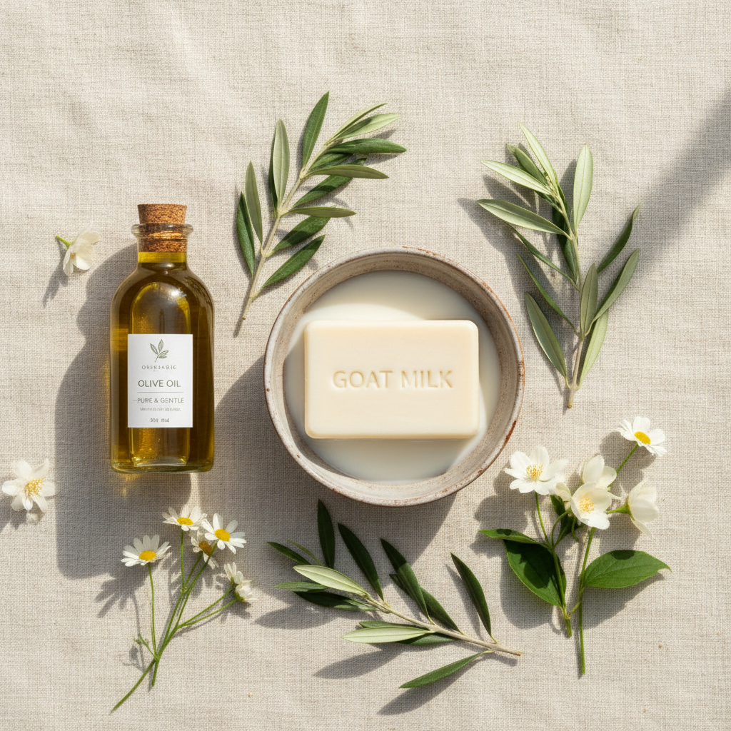 Flat lay savon bio lait de chèvre avec bol de lait frais, huile d'olive AOP et fleurs blanches sur lin crème