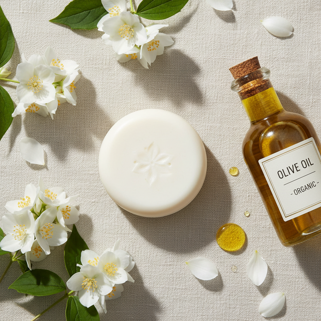Flat lay savon bio jasmin avec fleurs de jasmin fraîches, pétales blancs et huile d'olive AOP sur lin crème