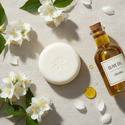 Flat lay savon bio jasmin avec fleurs de jasmin fraîches, pétales blancs et huile d'olive AOP sur lin crème