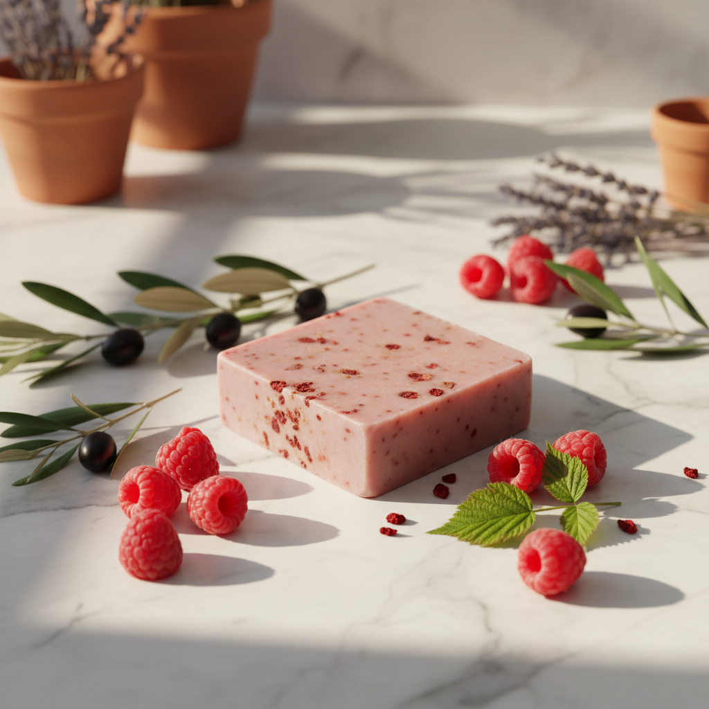 Savon bio huile d'olive AOP parfum framboise sur marbre avec framboises fraîches et branches d'olivier