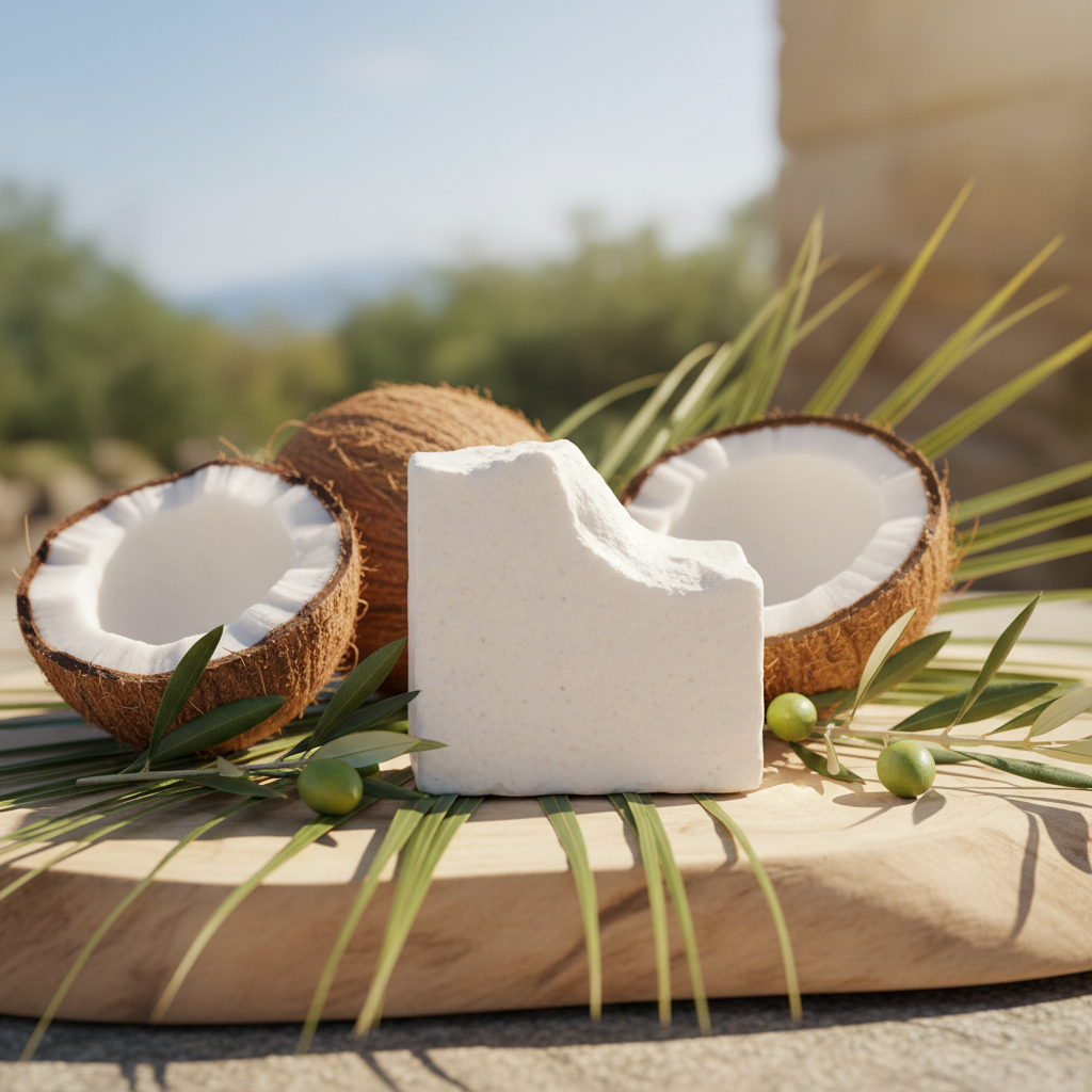 Savon bio huile d'olive AOP parfum noix de coco avec noix de coco fraîches et feuilles de palmier, lumière tropicale