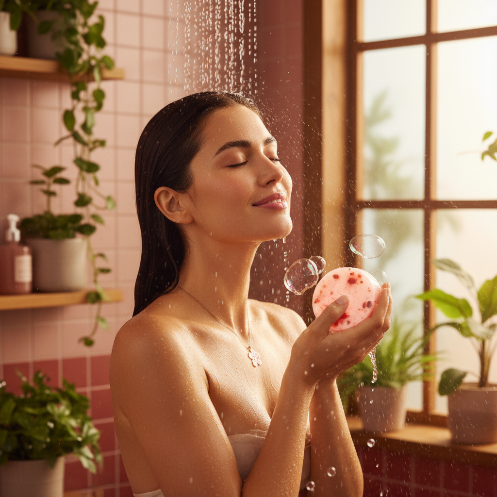 Femme à la peau douce et lumineuse utilisant le savon bio cerise, atmosphère joyeuse et féminine