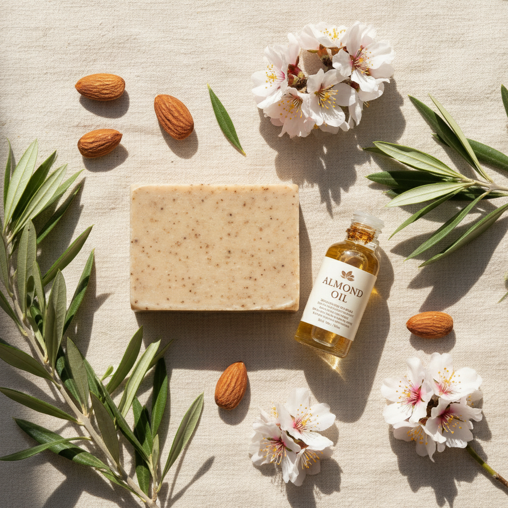 Flat lay savon bio amande douce avec amandes fraîches, huile d'olive AOP et fleurs d'amandier sur lin crème