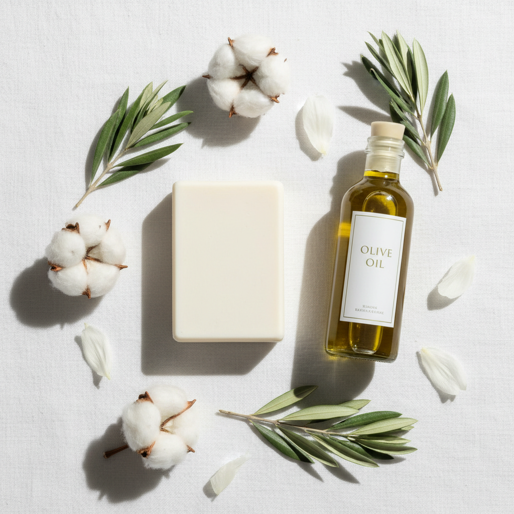 Flat lay savon musc blanc avec huile d'olive, fleurs blanches et lin crème, lumière méditerranéenne matinale