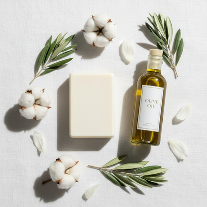 Flat lay savon musc blanc avec huile d'olive, fleurs blanches et lin crème, lumière méditerranéenne matinale