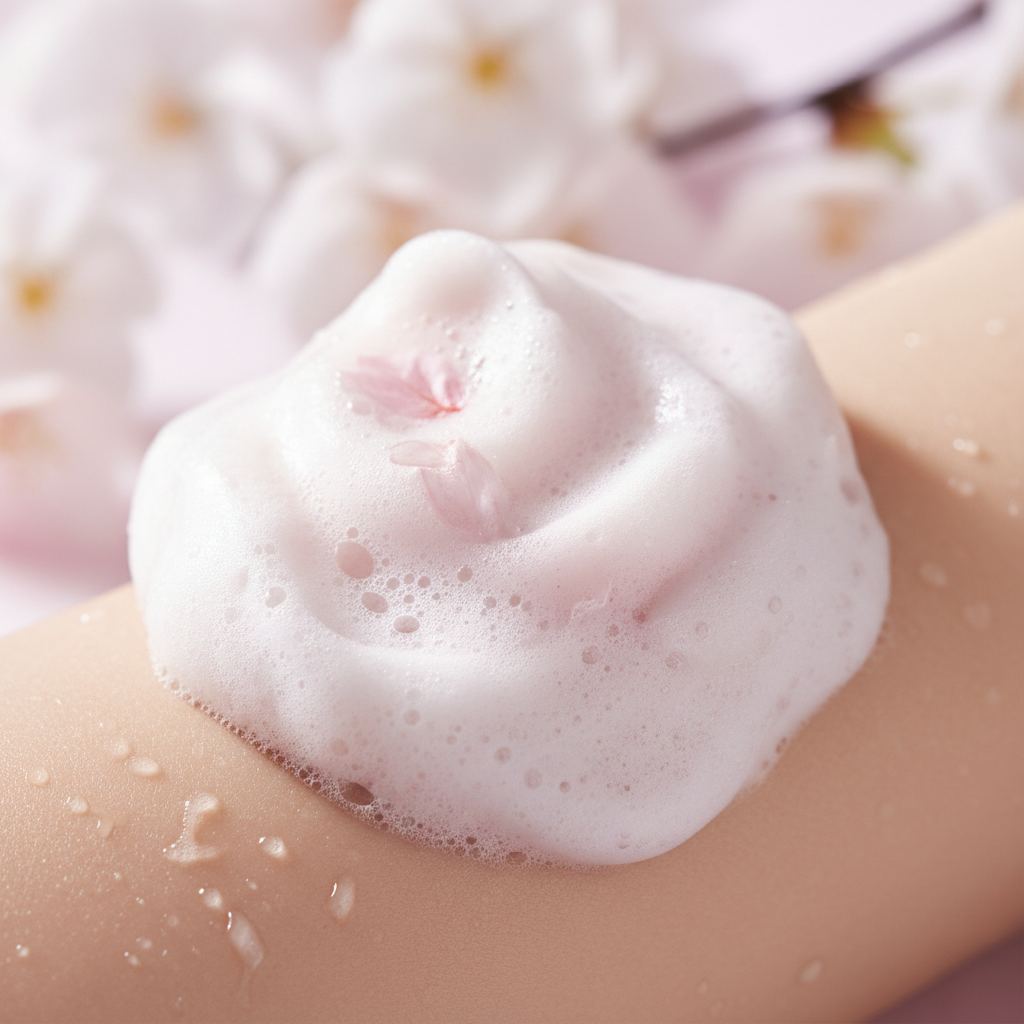 Mousse riche et crémeuse du savon K-Beauty fleur de cerisier sur peau sensible, tons roses et blancs délicats