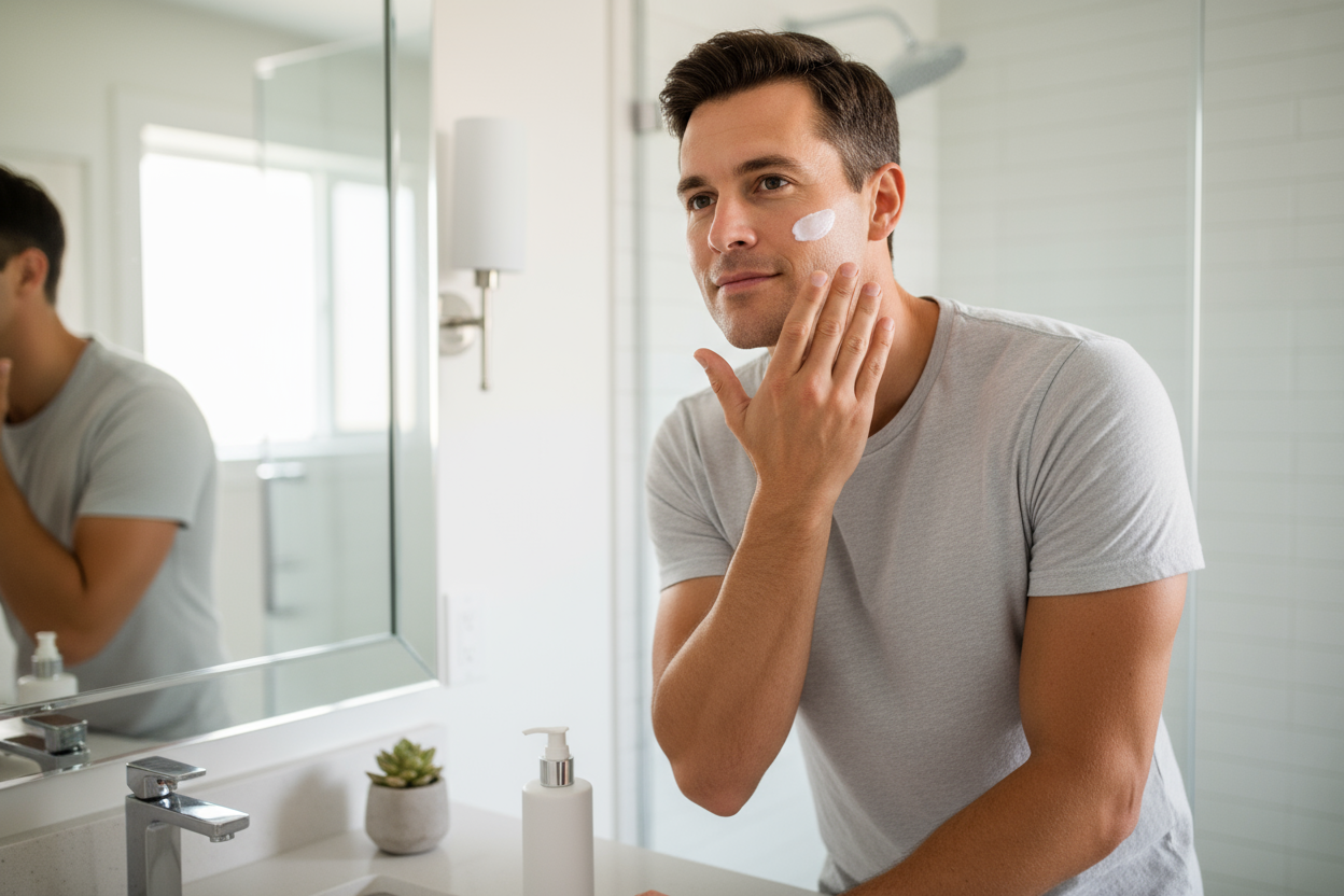 un belle homme met une creme sur le visage 